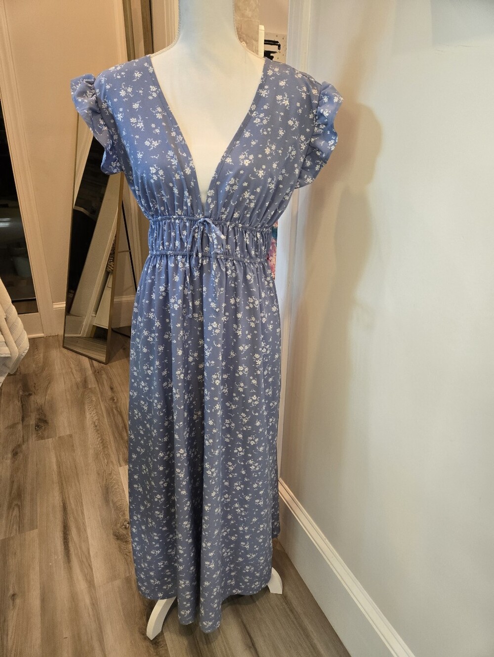 Blue Floral V-Neck Maxi Dress with Smocked Waist and Flutter Sleeves